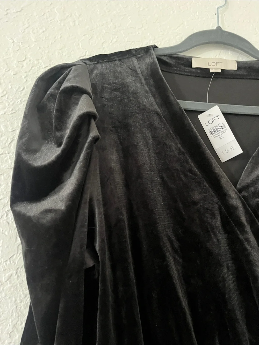 LOFT Black Velvet Wrap Peplum Blouse with Puff Shoulders